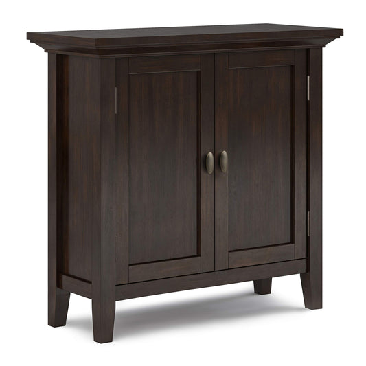 SIMPLIHOME Redmond Storage Cabinet - 32 inch Wide Solid Wood 2-Shelf Low Storage Cabinet in Brunette Brown, Transitional Accent Cabinet for Entryway with Adjustable Shelves and Tapered Legs