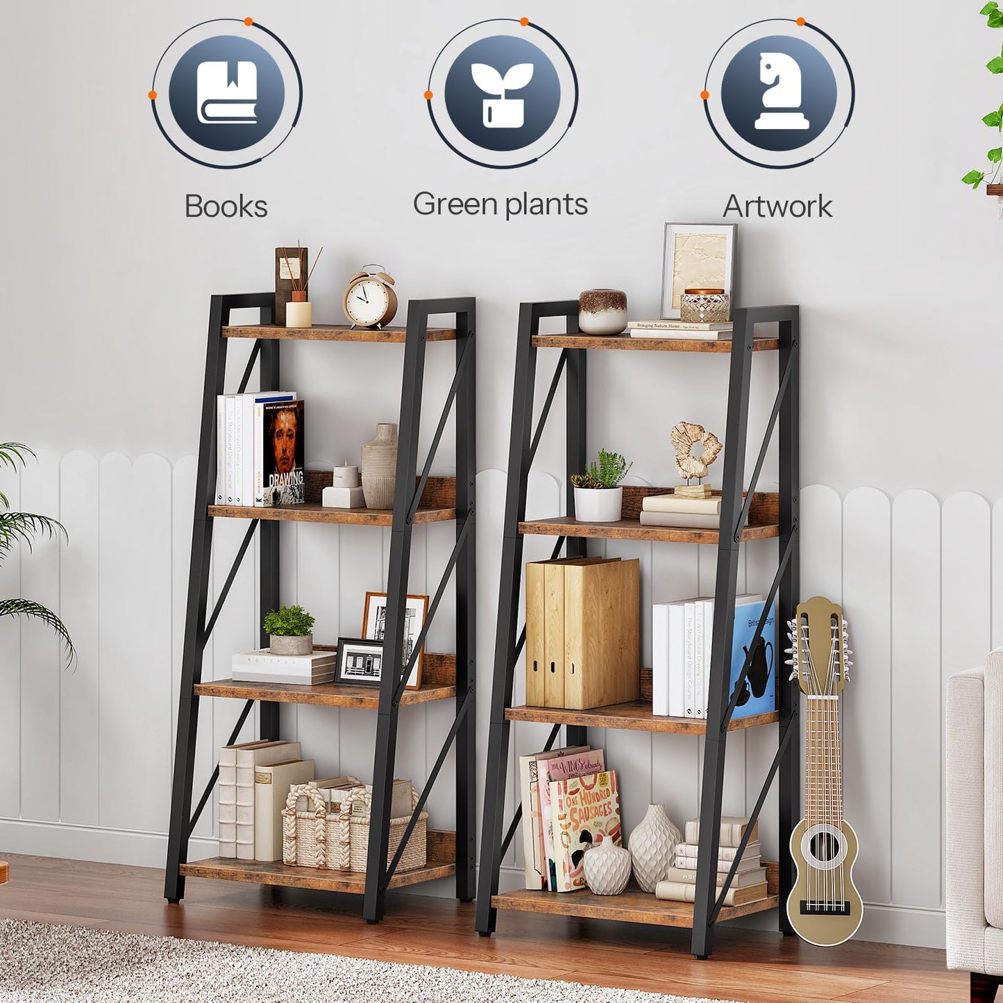 HOOBRO Ladder Shelf, 4-Tier Bookshelf, Corner Bookcase, Freestanding Storage Shelf Display Organizer, for Living Room, Bedroom, Home Office, Kitchen, Rustic Brown and Black BF304CJ01