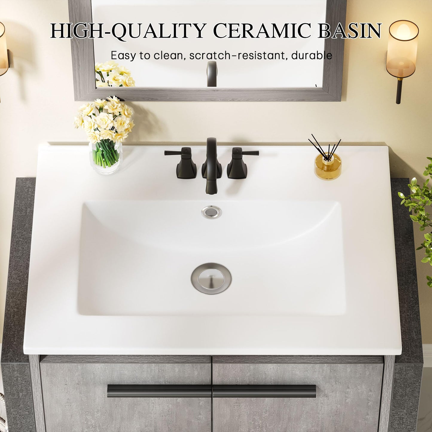 DWVO 24" Bathroom Vanity with Sink Combo, Wall Mounted Modern Bathroom Cabinet with Ceramic Sink, Large Storage Double Soft-Close Doors Cabinet Vanity, Grey