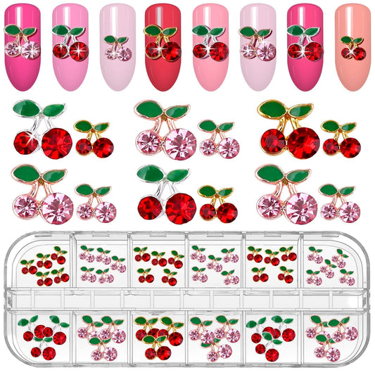 48Pcs Cherry Nail Rhinestones, Kalolary 3D Valentine's Day Charm Red Pink Fruit Diamond Crystal Nail Studs Alloy Nail Gems for Women Nail Art Decoration