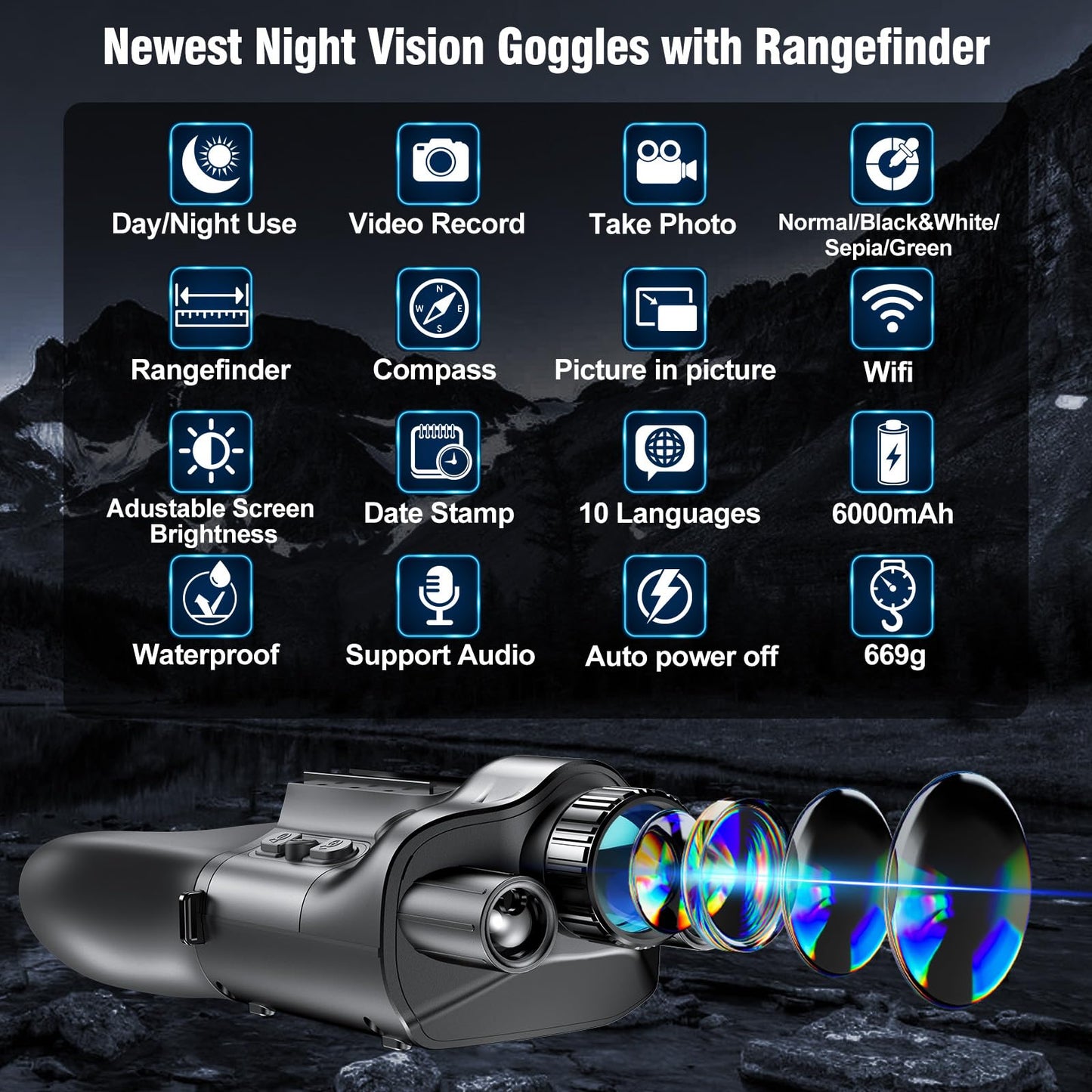 Crangcam Night Vision Goggles with Night Vision Rangefinder, 4K Video Photo in Full Dark HD Camera Day Night Use 6X Digital Zoom Rechargeable Infrared Night Vision Binoculars for Adults