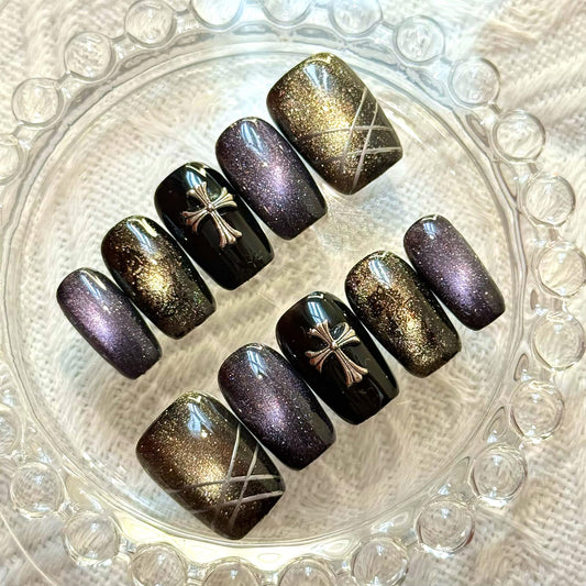Purple Cat eye Short Square Press on Nails,Blackness Punk Rock Style False Nails with Cross Designs,Gothic Cross Press On Nails - 10Pcs Nail Kit for Women and Girls.