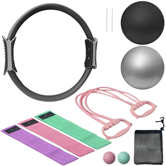 NEBORASTEP Home Pilates Kit, 15-Inch Pilates Ring with 2 Pilates Ball,2 massageballs,3 Resistance Bands for Toning Arms, Thighs/Legs & Core,1 Detachable Tension Strap