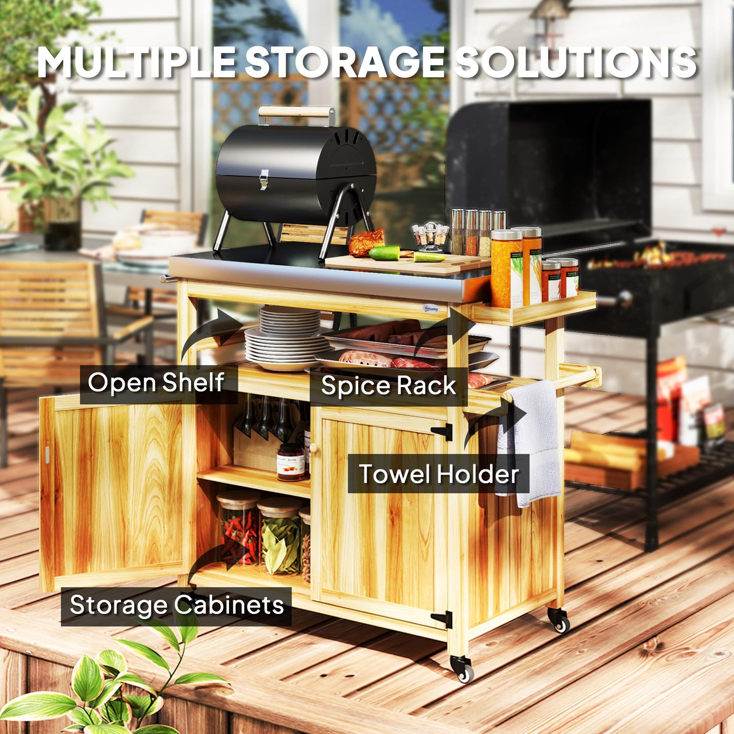 Outsunny Outdoor Grill Cart with Wheels and Storage, Solid Wood Outdoor Kitchen Island with Stainless Steel Top, Movable Bar Cart with Spice Rack, Side Handle, Integrated Hole for BBQ, Natural Wood