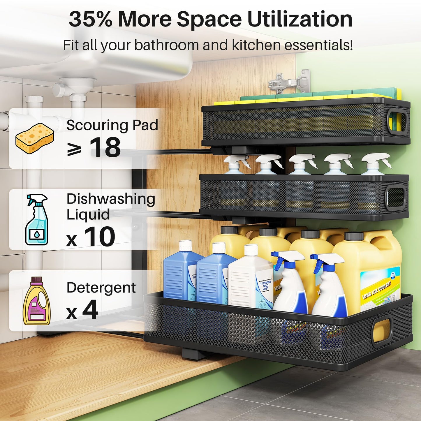 Kitstorack Under Sink Organizer, 2-Pack 3-Tier Height Adjustable Thickened Metal Pull out Cabinet Organizer Shelf, Slide out Storage Drawer Rack for Bathroom Kitchen Pantry Home Laundry Organization