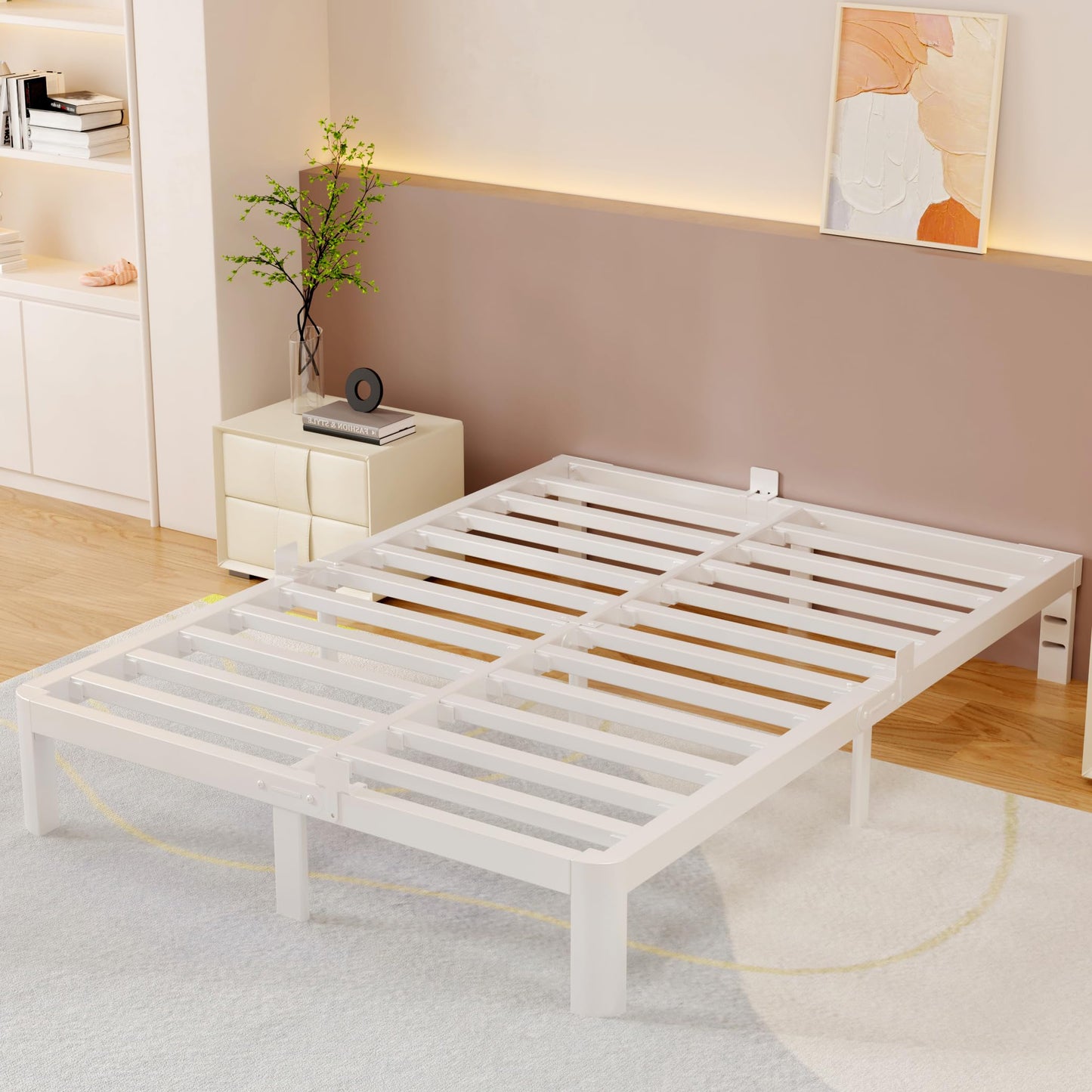 HQU 10 Inch Queen Bed Frame with Metal Baffles, White Bed Frame Queen Size No Box Spring Needed, Heavy Duty Steel Platform Support, Reserved Holes, Storage Space, Round Corner Design, Noise Free