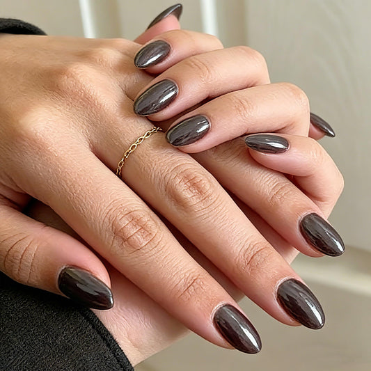 Dark Brown Chrome Short Oval Press On Nails - 32Pcs 16 Size Soft Gel Electroplated Fake Nails with Glue, Reusable Metallic Brown False Nails for Women Daily Office Party