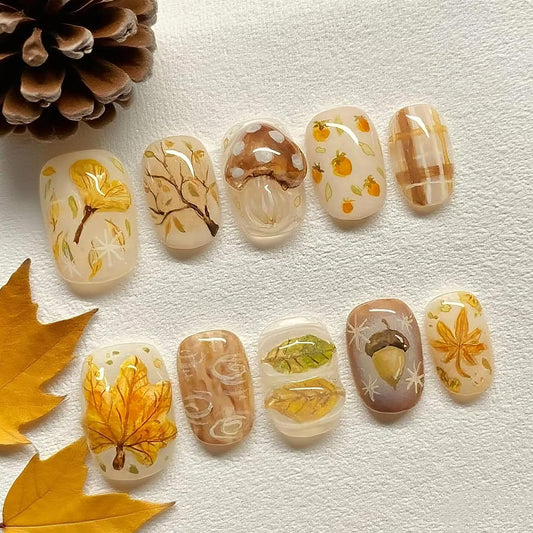 30Pcs Fall Press on Nails Short Square Fake Nails with 3D Maple Leaf Mushroom Design Pinecone Fallen Leaves False Nails Thanksgiving Glossy Glue on Nails Full Cover Artificial Stick on Nail for Women