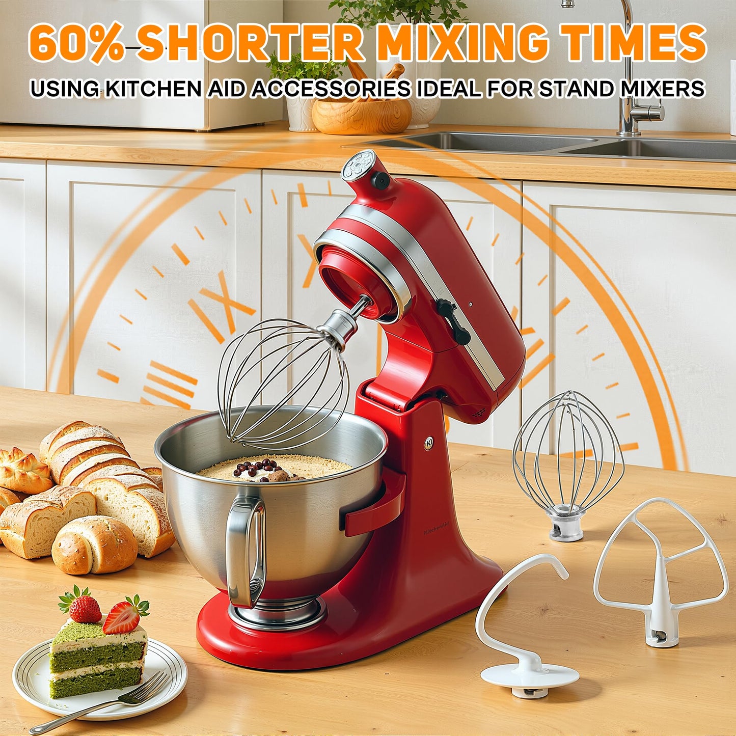 Stand Mixer Attachments 3-Piece Kit -Replace for Kitche.n aid Accessories K45WW Wire Whip/ K45DH Dough Hook /K45B Coated Flat Blade Paddle with Scraper -Stainless Steel by TOMOON