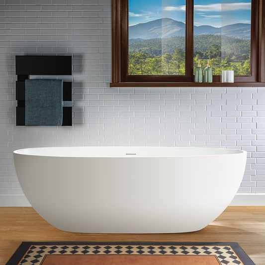 WOODBRIDGE 67" Stone Resin Freestanding Soaking Tub, Modern Oval Solid Surface Bathtub with Integrated Slotted Overflow & Drain, Matte White