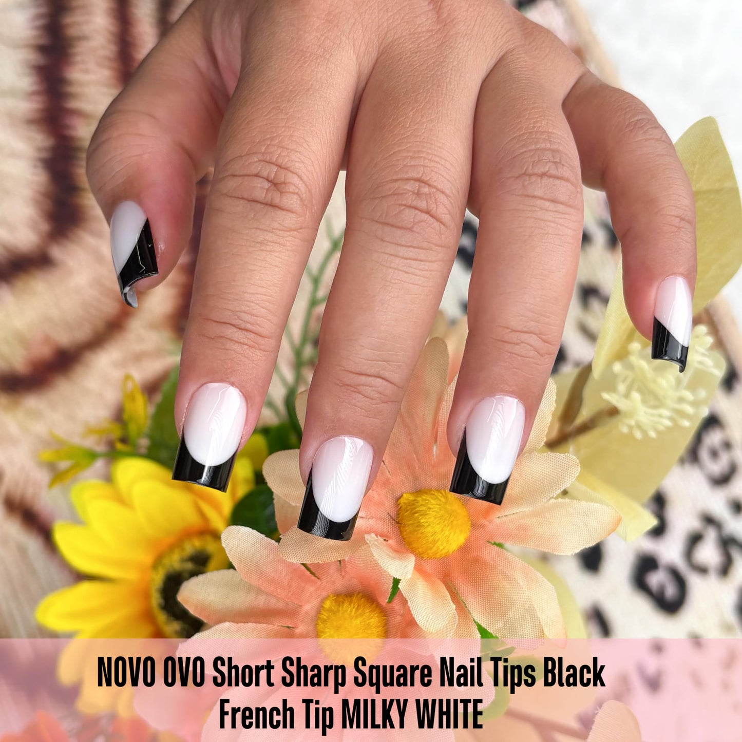 NOVO OVO Short Sharp Square Black French Tip Nail Tips Press on MILKY WHITE, Need Builder Gel Top Coat Nail Glue, Soft Gel Fake Nail Extension, Full Cover False Nails for Salon DIY x 15 Sizes 240 pcs