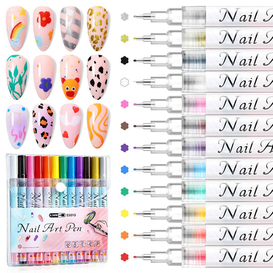 SAVILAND Nail Art Pens Set: 12 Colors 0.5MM Quick-Drying 3D Nail Polish Pens Ultra-Fine Tip Paint Markers for Precise Dotting, Liner & Detailing Design for Beginners, DIY Home Salon Manicure Supplies