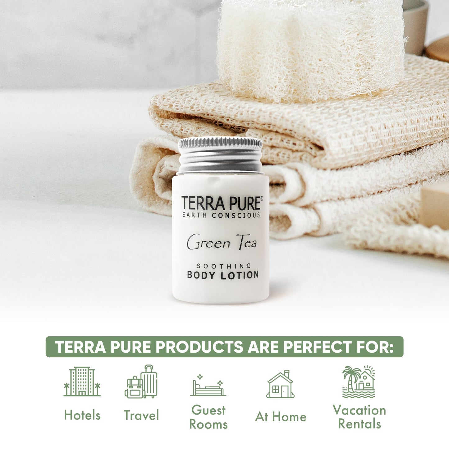 Terra Pure Travel Size Hotel Body Lotion 300 Count 1 oz Bottles Guest Amenities for Hotels Vacation Rentals and Short Term Rentals Paraben Free Green Tea Scent Infused with Aloe and Olive Oil