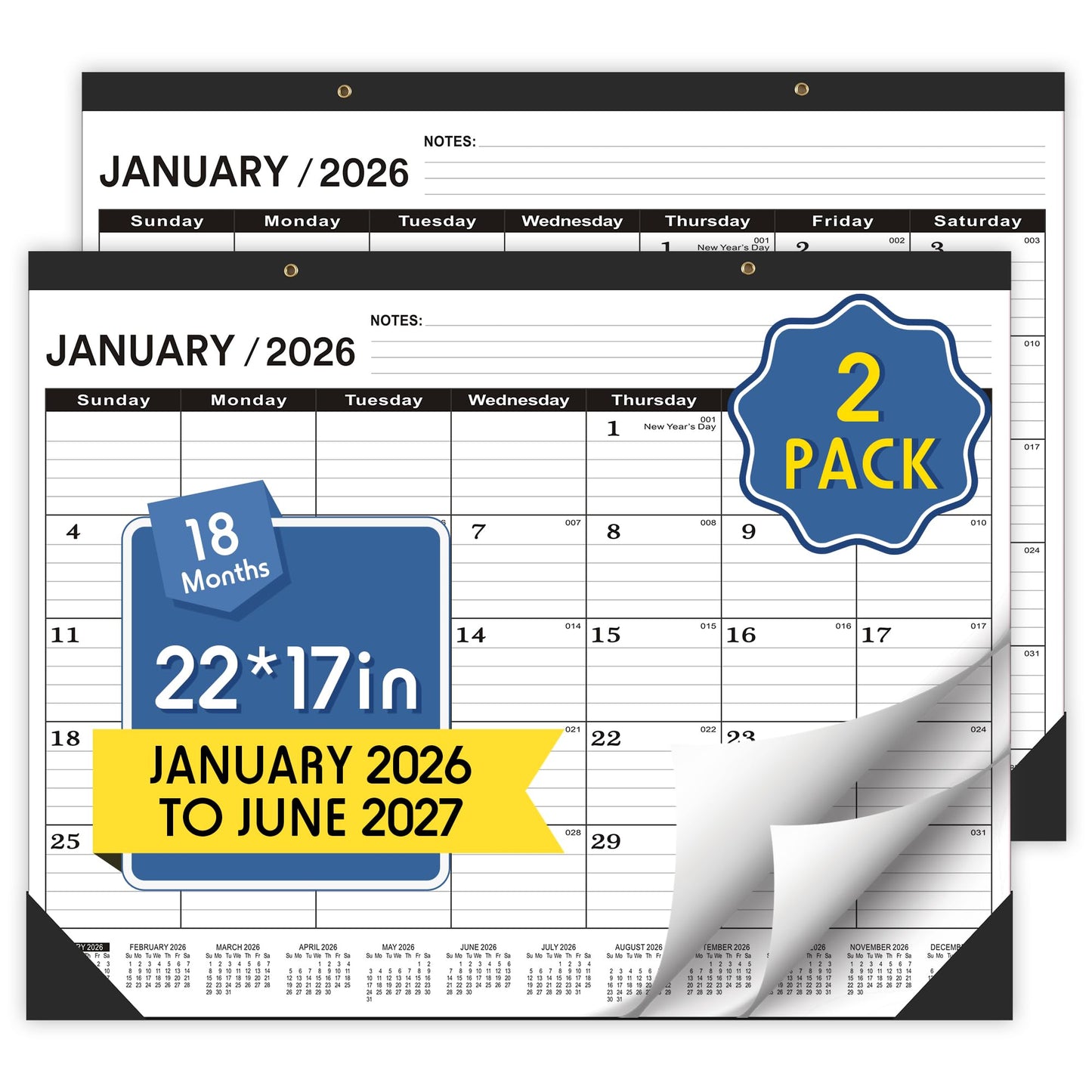Desk Calendar 2026-2 PACK,January 2026 to June 2027,Desk calendar 2026-2027 Large 22x17, Calendar 2026 with PVC Cover,Round Holes& NOTES List (Black),18 Months 2026 Desk Calender.