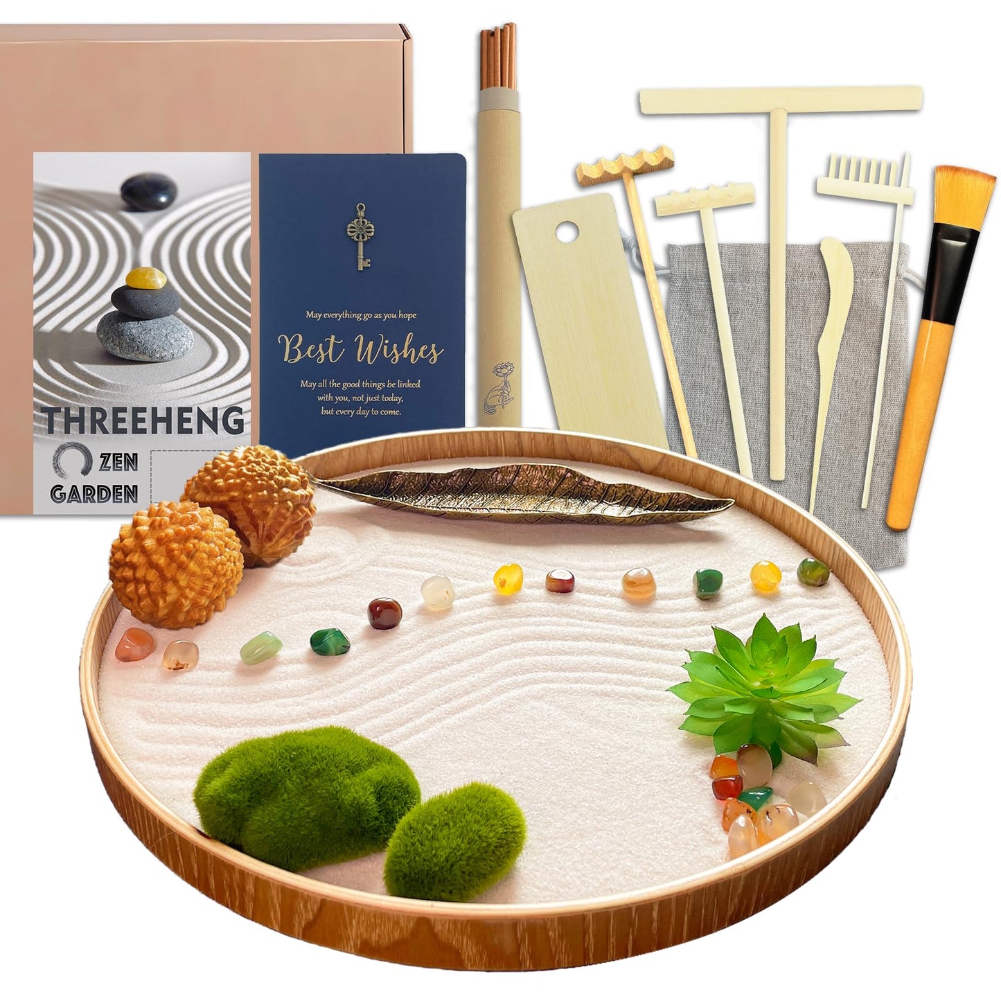 Threeheng Japanese Zen Garden Kit for Desk, Bamboo Sand Garden Meditation Therapy Tray Gift Set, Mini Zen Décor Office Desktop Accessories - 2 Textured Spheres, Incense with Holder