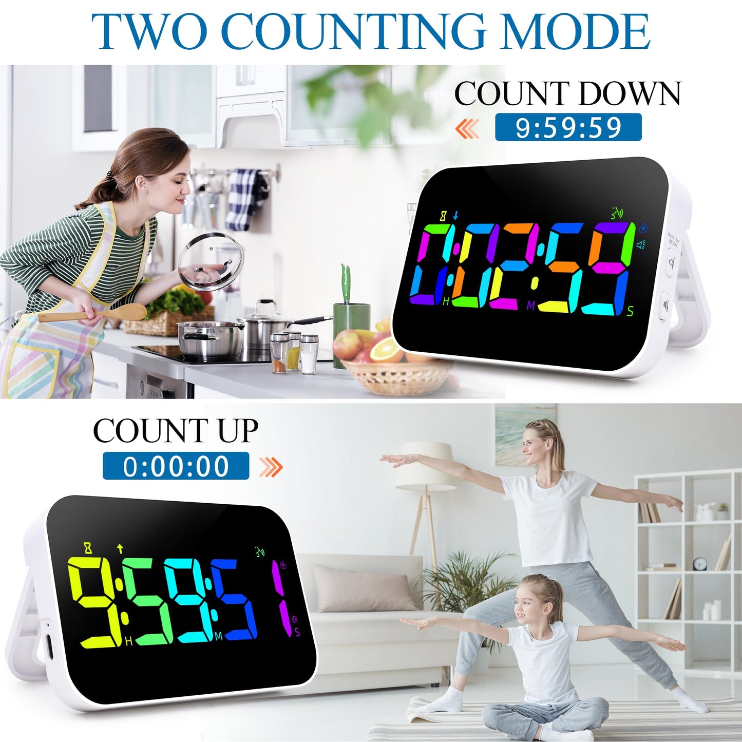 Kitchen LED Digital Timer Rechargeable, RGB Count Down Up Digital Timer with Vioce Reminder for Kitchen Classroom Cooking Study, Vibration Mode 3 Level Adjustable Volume and Brightness