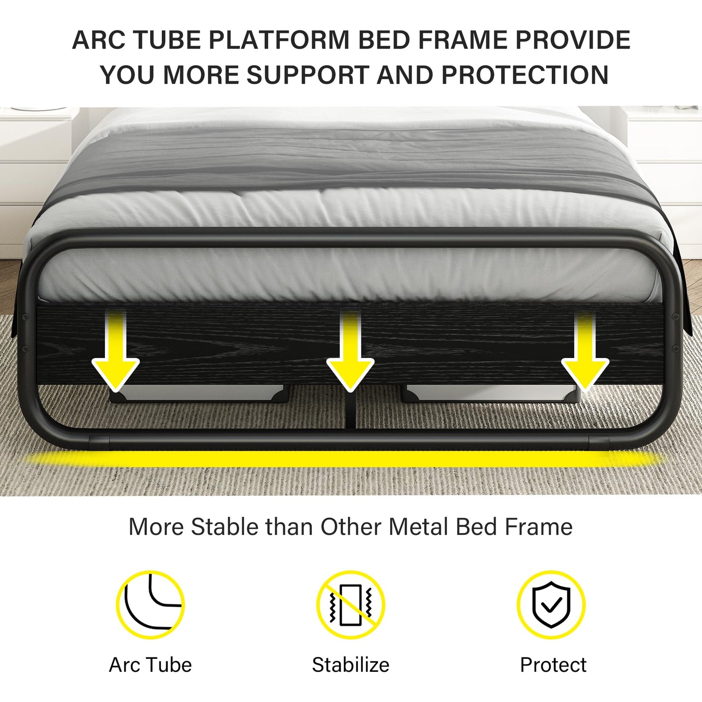 Catrimown Queen Bed Frame with LED Lights, Heavy Duty Metal Rustic Platform Bed Frame Queen Size, with Headboard, Under Bed Storage, Noise Free, No Box Spring Needed, Black