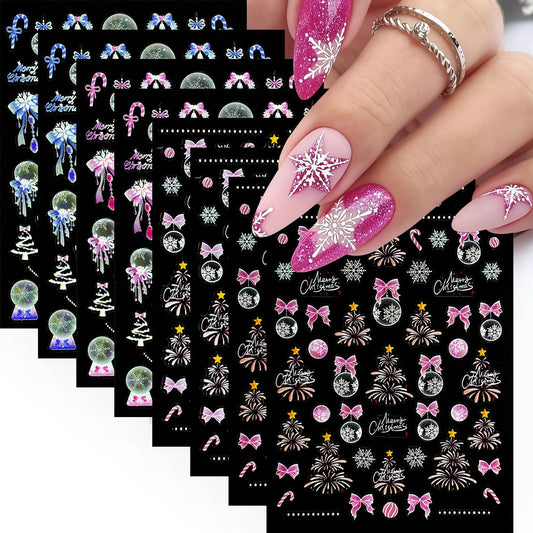 4 Sheets 5D Embossed Christmas Nail Art Stickers Pink Blue Fireworks Christmas Tree Nail Stickers Self-Adhesive Snowball Tree Nail Decals for Women Winter Xmas Holiday Manicure DIY Nail Supplies