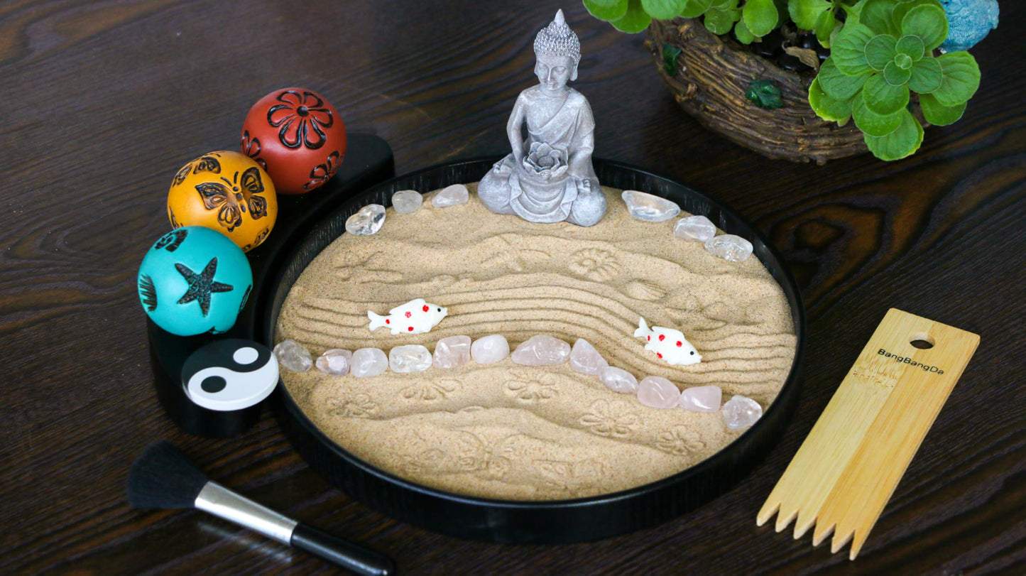 Japanese Meditation Buddha Zen Garden Kit - Tabletop Crystal Rock Sand Garden for Desk Sandbox w/Zen Rake Stamp Spheres Accessories Tools Healing Stone Office Relaxation Decor Gift
