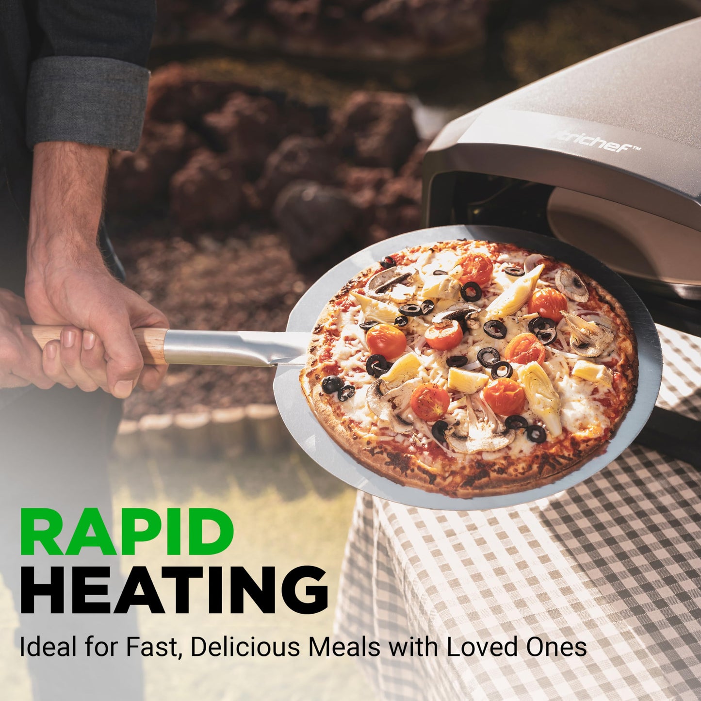 Nutrichef Outdoor Pizza Oven | Cook 12" Pizza in 60 Seconds | Manual 360° Rotating Pizza Stone | Adjustable Heat | Includes Pizza Peel, Pizza Cutter, Stone, Cover, & Hose | Long Handle