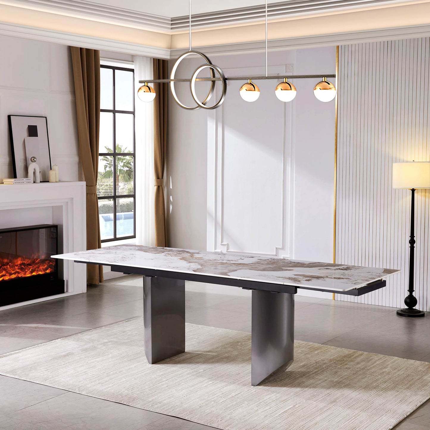 Extendable Dining Table Set for 4-10, Modern Dining Room Table with Black Carbon Steel Base, Rectangular Sintered Stone Top Dinner Table, 63''-94.4'' Folding Kitchen Table (Dining Table Only)