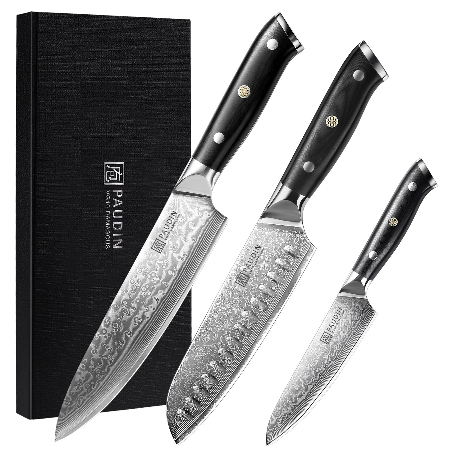 PAUDIN Damascus Knife Set 3 PCS, Japanese VG10 Steel Core, Ultra Sharp Chef Knife Set, Full Tang G10 Handle, Damascus Kitchen Knives