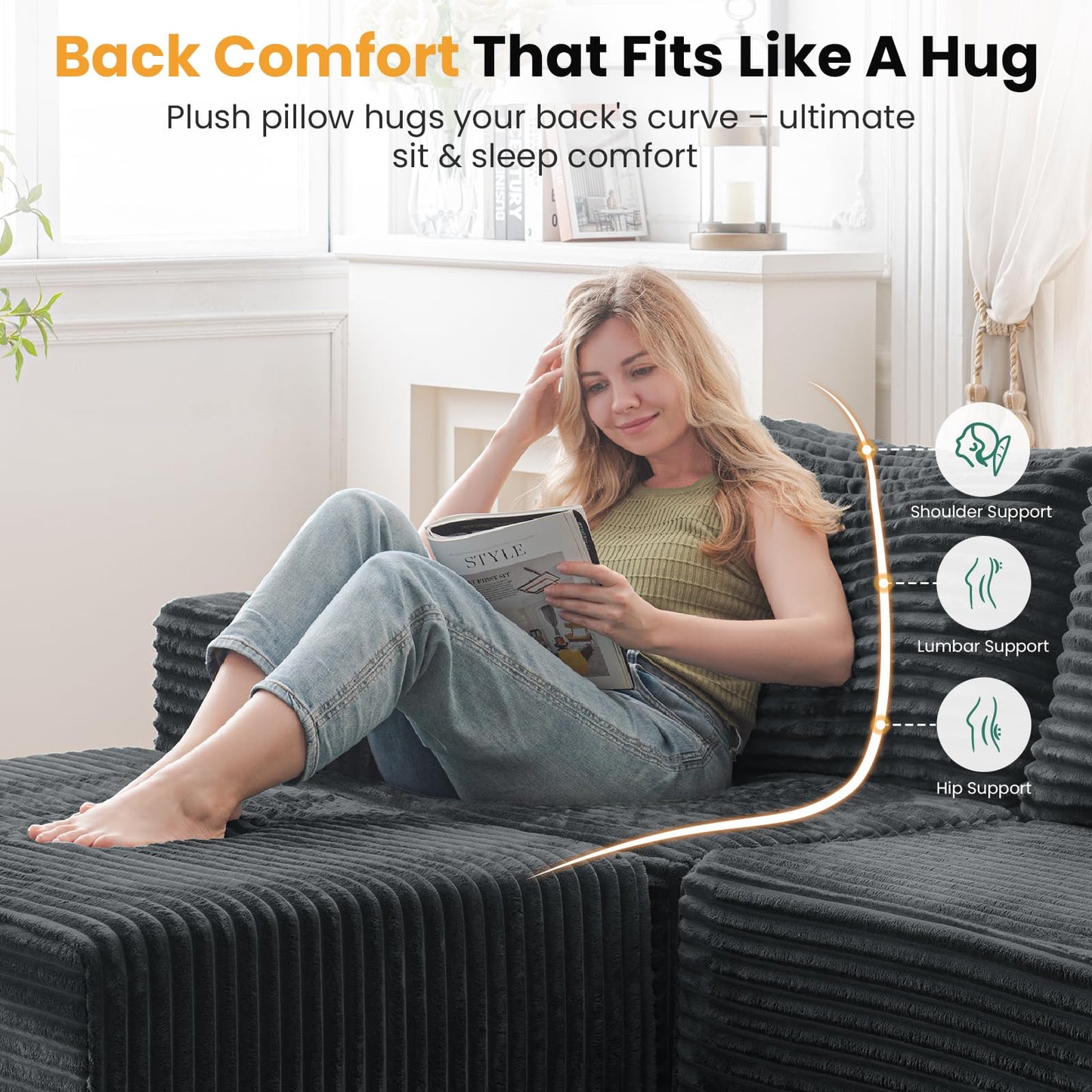 136" U Shaped Cloud Couch Modular Sectional Sofa with Deep Seat, 6 Seater Corduroy Couches, Boneless Couch with 2 Removable Ottomans, Sectional Couches for Living Room, No Assembly Required, Grey