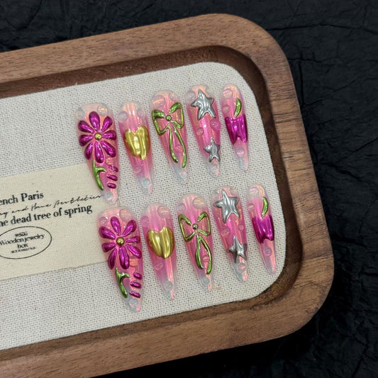 Handmade Press on Nails Long Stiletto Fake Nails French Tip False Nail with 3D Bow Flower Heart Designs Purple Sparkly Artificial Nail for Women 10pcs (Size M）