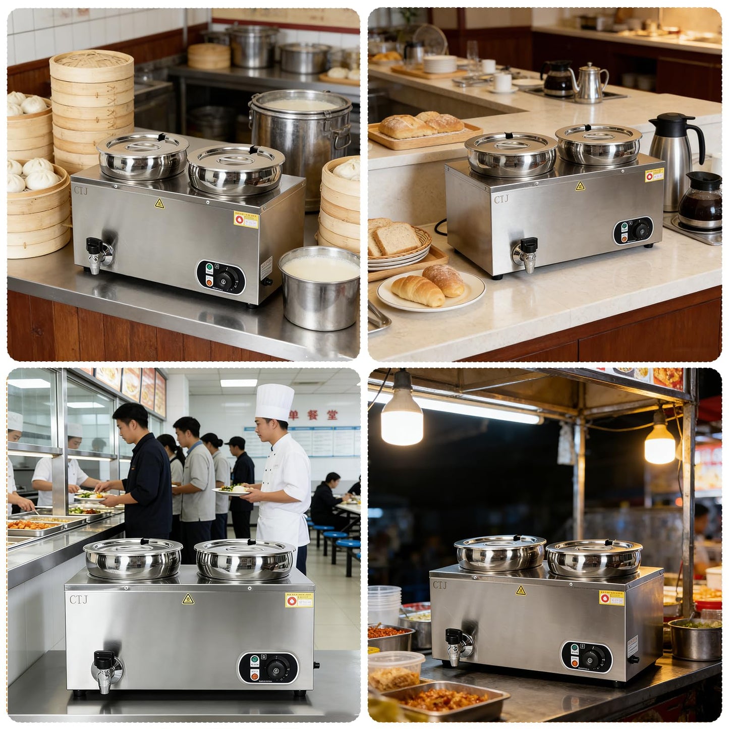 CTJ Electric Soup Warmer Two 7.4QT Commercial Food Warmer 304 Stainless Steel Bain Marie 86°F~185°F Adjustable, with Drain Faucet, Buffet Warmer Steam Table for Catering Restaurant Buffet
