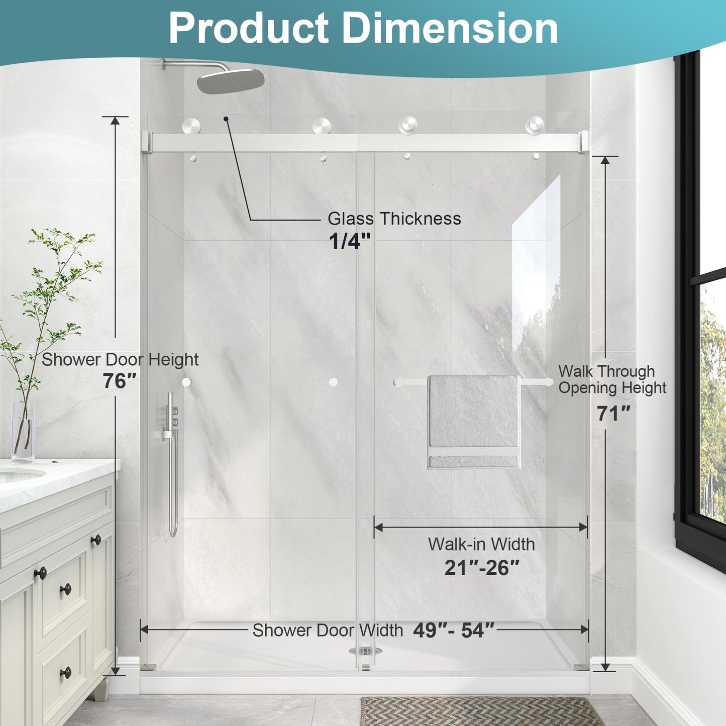 KPUY Frameless Shower Door, 49-54" W x 76" H Double Sliding Glass Shower Door, 1/4" (6mm) Thick Tempered Clear Glass with Explosion-Proof Film Nano Coating, Brushed Nickel