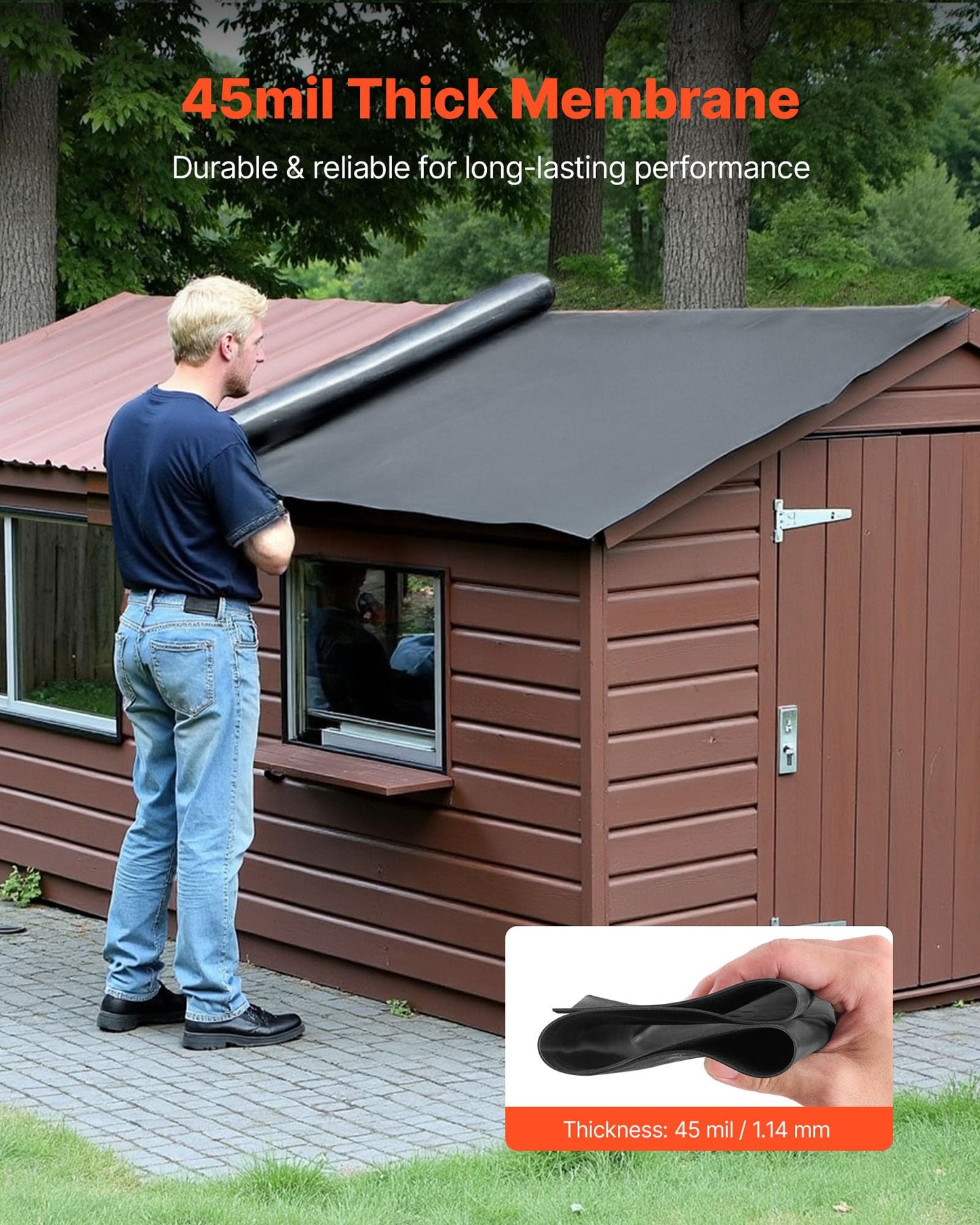 VEVOR Roll Roofing, 15 x 25 ft, 45 mil EPDM Rubber Roofing, Long Lifespan & Weather-Resistant, Withstands Harsh Temperatures, Flexible & Easy Installation, Roof Underlayment for RVs, Roofs, Ponds