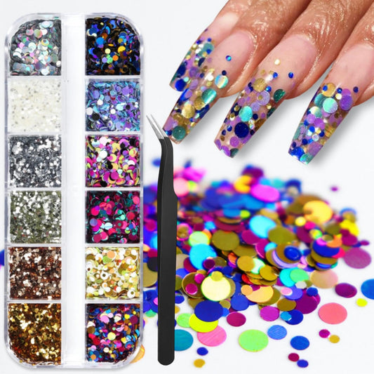 1 Box 12 Color Holographic Circle Nail Glitter Rings Nail Sequins 3D Silver Gold Nail Flakes Sparkly Glitter Flakes Shiny Nail Glitter Colorful Nail Sequins Glitter for Nails Art 12 Grids