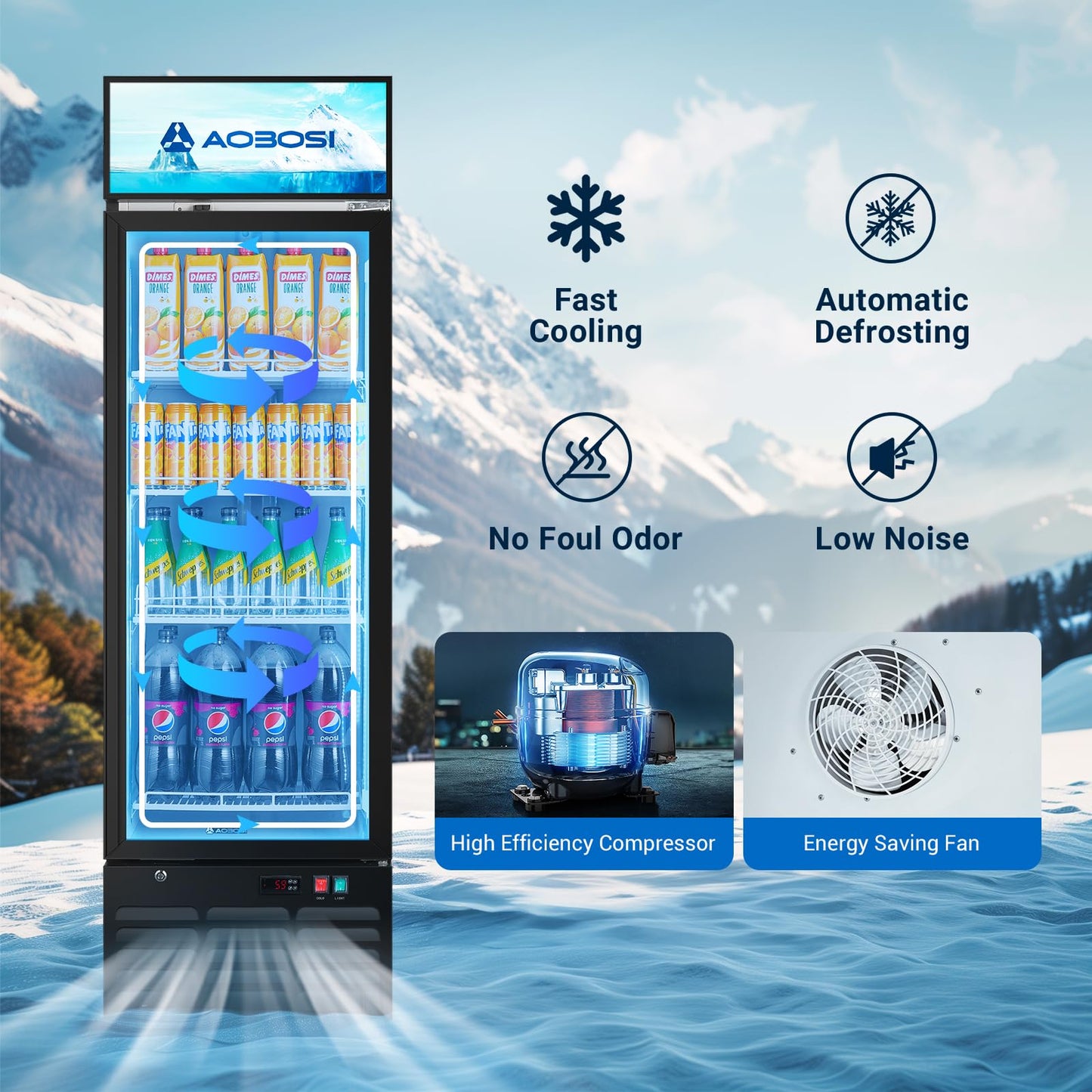 AAOBOSI Commercial Merchandiser Refrigerator,12.29 Cu.Ft Glass Door Display Refrigerator,Upright Beverage Fridge with Soft LED Light,Customizable Lightbox,Universal Casters, Adjustable Shelves