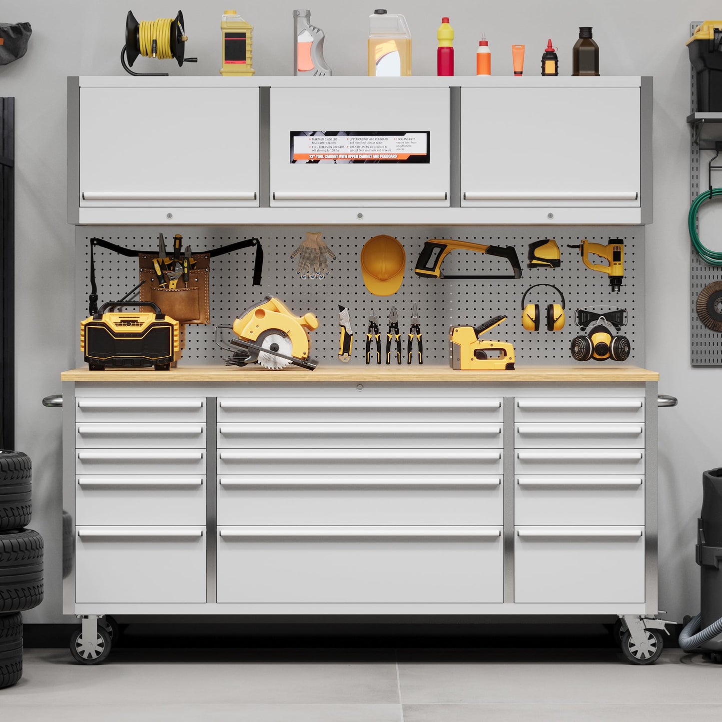 GAOMON 72 Inch Tool Chest, Tool Cabinet with 15 Drawers, Mobile Storage Cabinet with Locking System, Stainless Steel Material and Sturdy Structure, High Capacity for Home Workshop Kitchen and Garage.