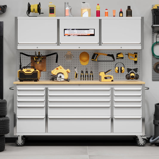 EliteEdge 72" Heavy-Duty Rolling Tool Chest & Workbench | 15-Drawer Mobile Tool Cabinet with 3 Top Lockers, Lockable Wheels & Key Lock | for Professional Garage & Workshop Storage