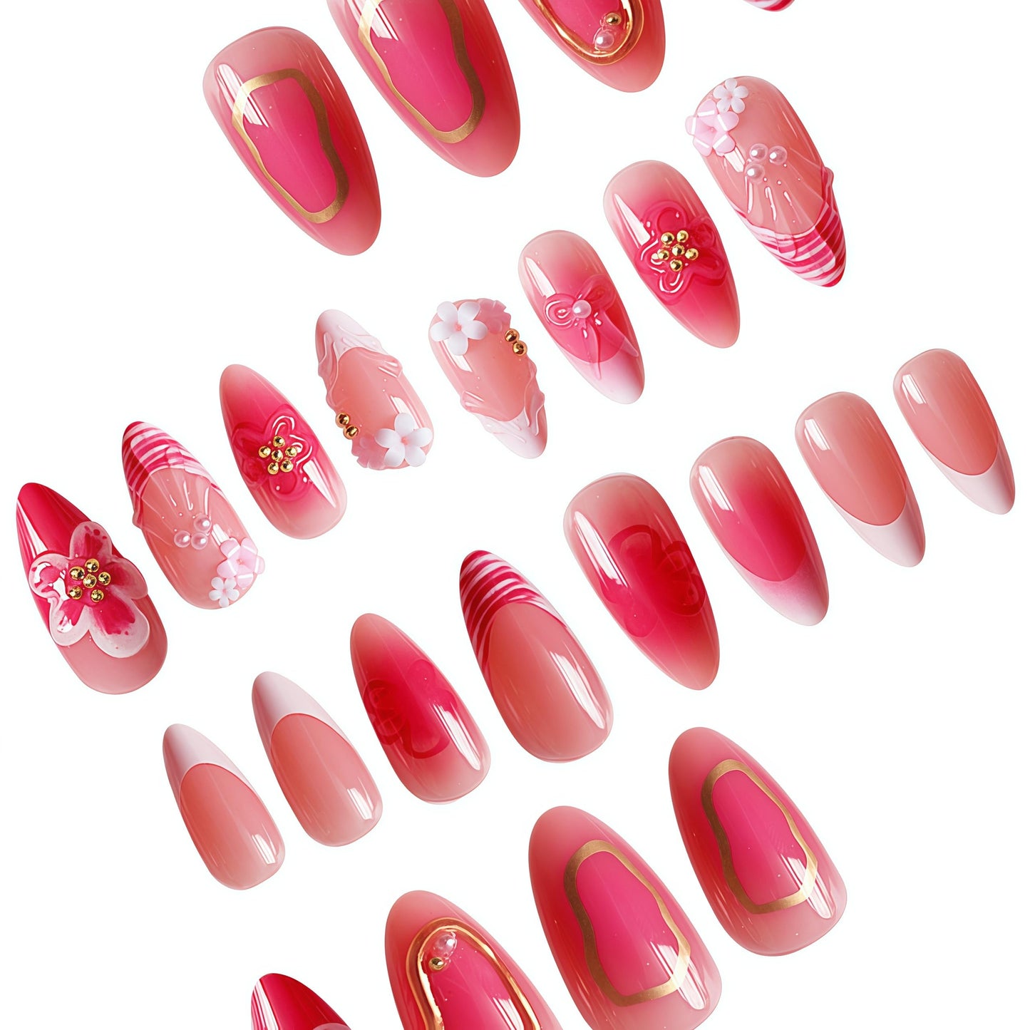 Long Press on Nails Almond Fake Nails Pink Acrylic Nail Press Ons Seeneey 3D Flowers and Gold Charm Designs Cute Stick on Nail for Women 24pcs