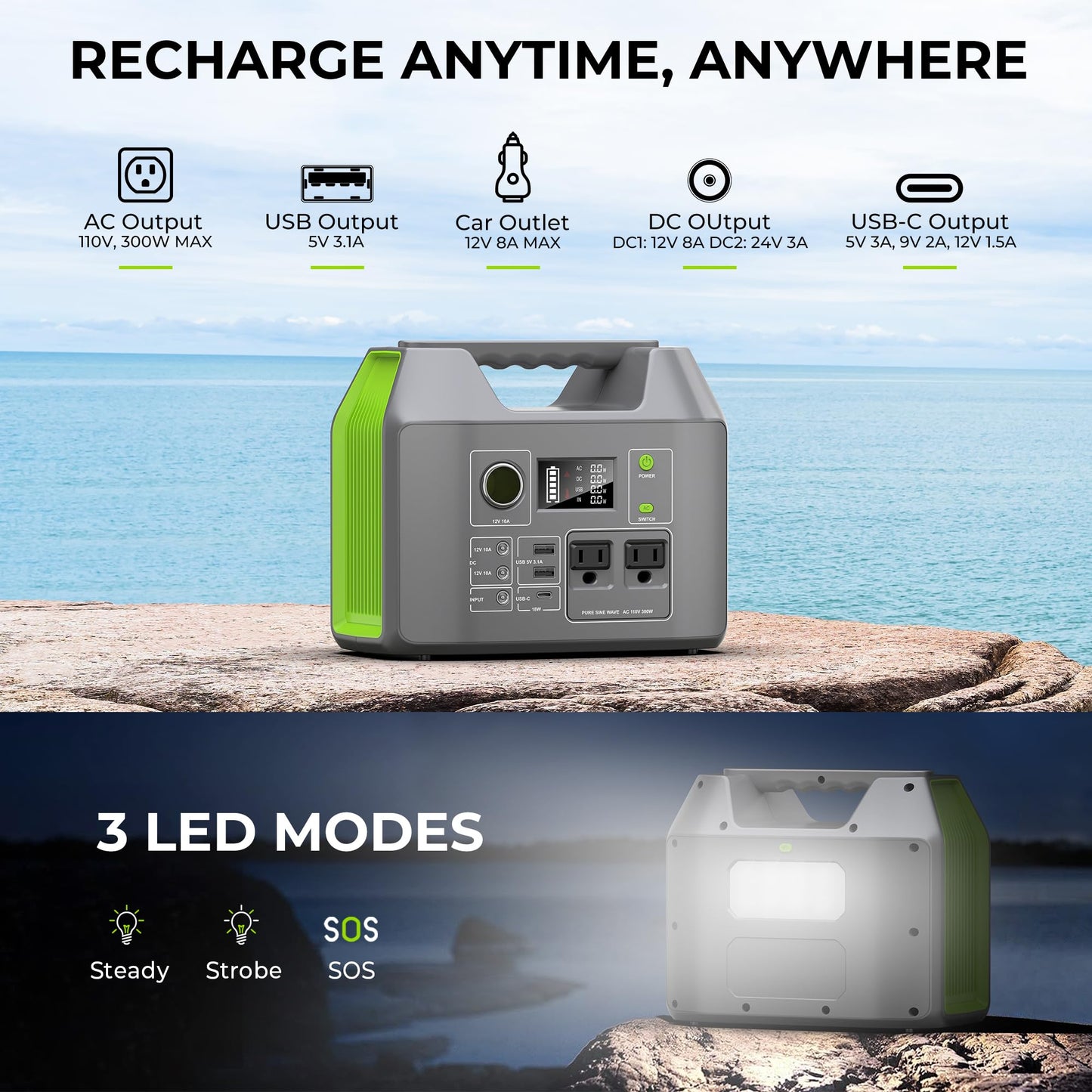 Portable Solar Generator, 300W Portable Power Station with Foldable 60W Solar Panel, 110V Pure Sine Wave 296Wh Lithium Battery Pack for Home Use RV Van Outdoor Camping, Foldable Panel included