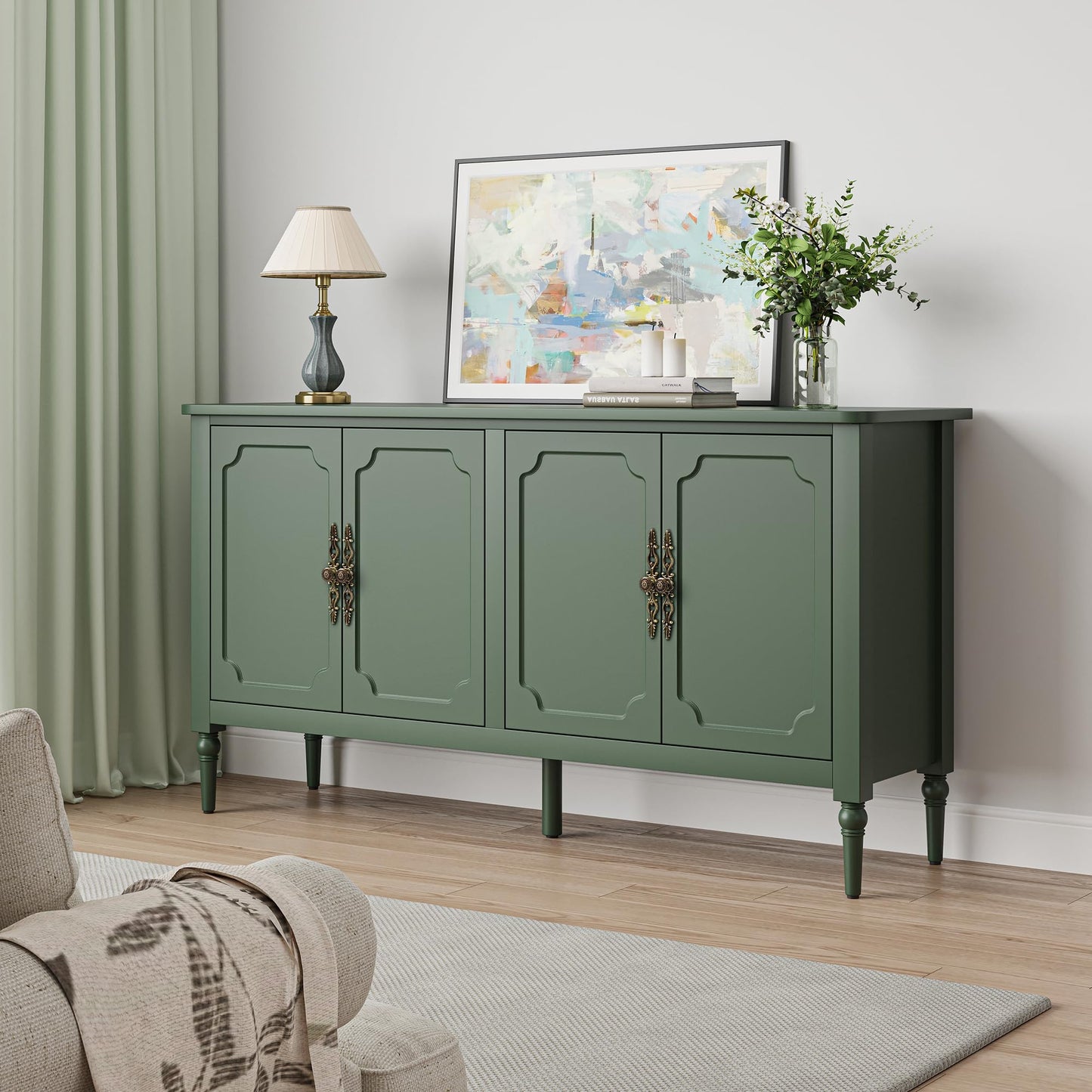 HEYNEMO 58'' Sideboard Buffet Cabinet with Storage, Mid Century Modern Storage Cabinet with 4 Doors and Adjustable Shelves, Green
