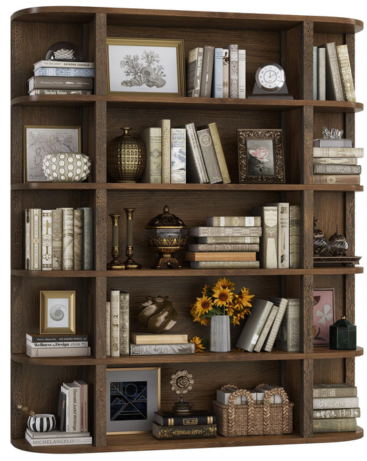 TVU 5-Tier Wood Book Shelf, 47" Wide Large Bookshelf and Bookcase, 62" Tall Bookshelf with Curved Side Shelves, Freestanding Wood Display Book Shelves for Living Room, Home Office, Walnut