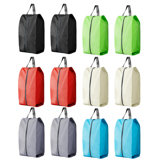Travel Shoe Bags, Set of 12, Large Oxford Fabric Storage Bags with Zipper and Handle, Water-Resistant Pouches (Black, Gray, Green, Red, Cream, Blue)