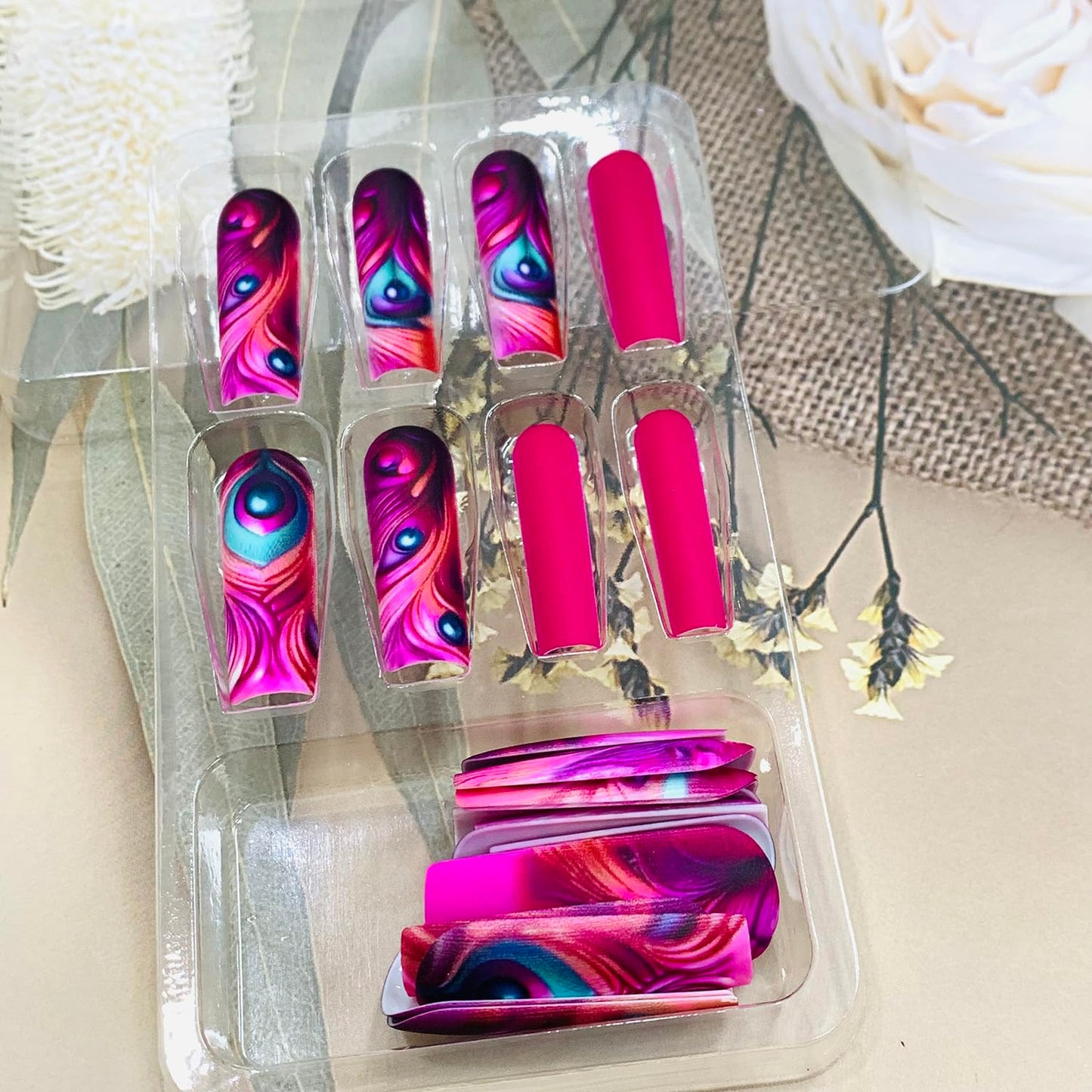 EYZOTSF Press on Nails Long Coffin Shaped Acrylic Square False Nails with Designs Artificial Extra Long Length Coffin Fake Nails with Charms Glue Stick ons Fingernails for Women Girls(Y465)
