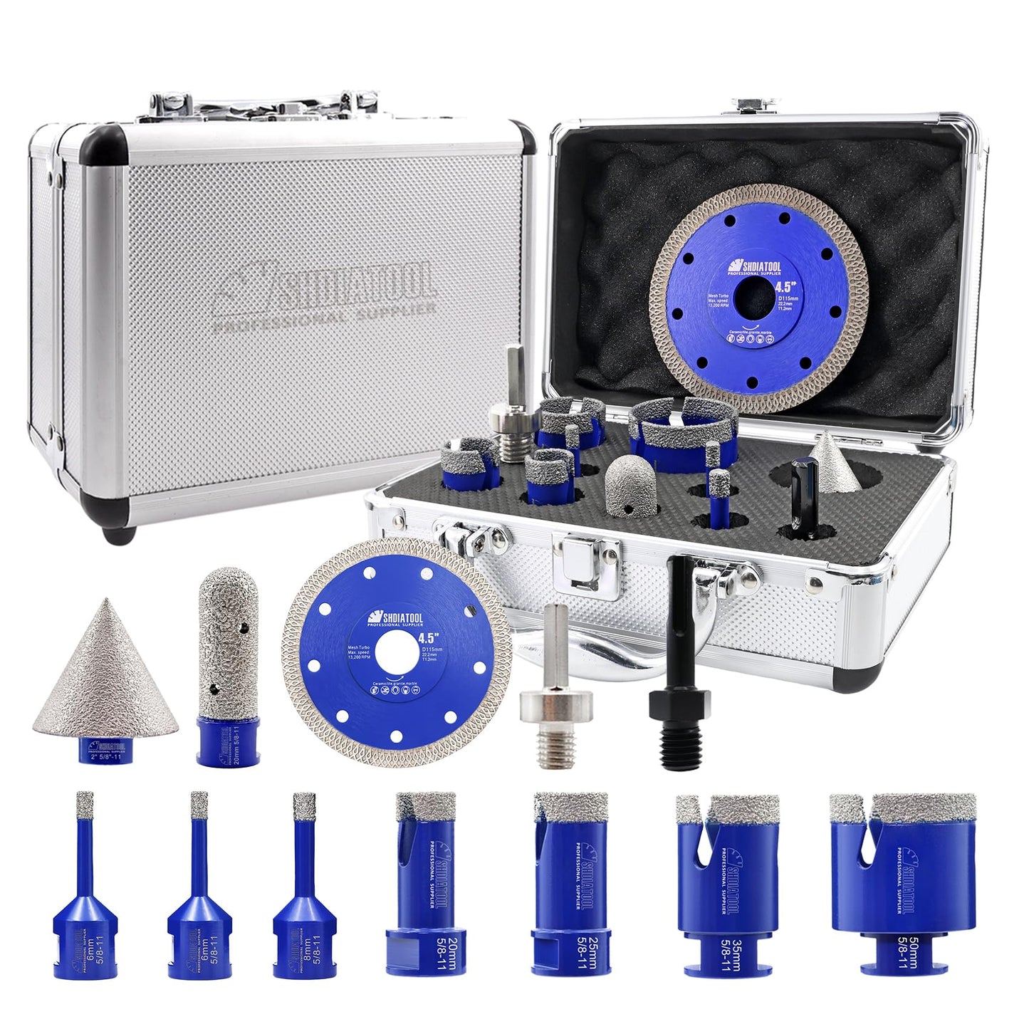 SHDIATOOL Diamond Tile Drill Bits Kit 12pcs, Porcelain Hole Saw Sets, Core Bits Cutter for Drilling Ceramic Marble Granite (6/6/8/20/25/35/50/20MM/2/SDS/HEX/4.5“)