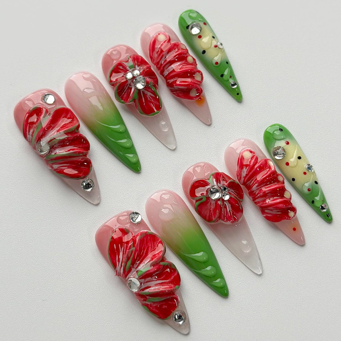 Luxury Press on Nails Long Stiletto Handmade 3D Unique Reusable ABS Material Fake Nails False Nails with Designs Red Floral Rhinestones Glossy Glue on Nail Thick Acrylic Nail(M)