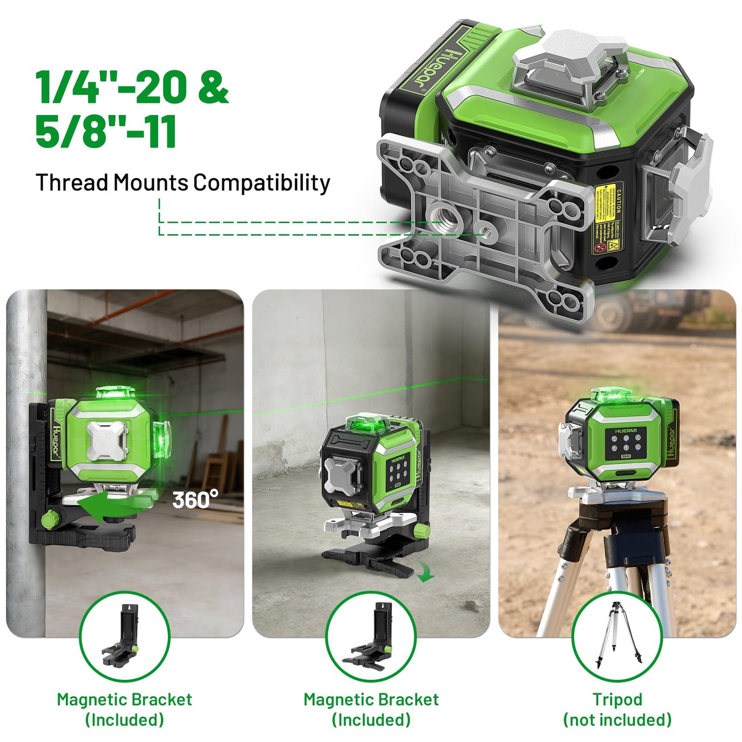 Huepar Electronic Laser Level, 4 x 360° Green Self Leveling Lazer Leveler Tool Kit with High Accuracy & Slope Function, No Swing Design, Adjustable Brightness with Flash Mode, Rechargeable -DP04CG