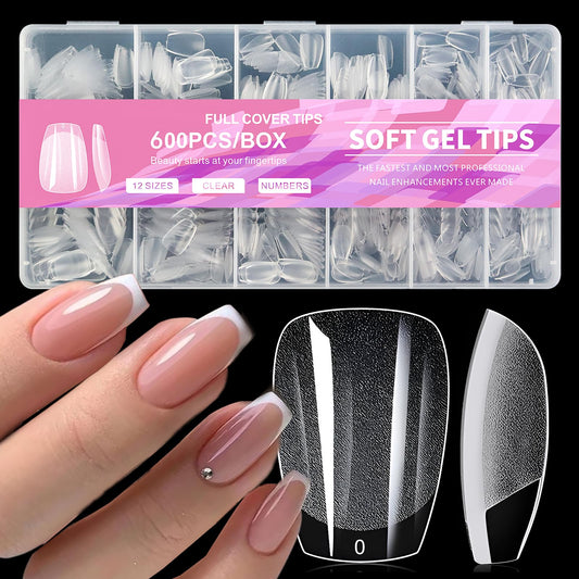 AddFavor 600pcs Short Coffin Nail Tips, Soft Gel Nail Tips x Short Ballerina Clear Fake Nails Full Cover Acrylic Nails Tips for Extension Nail Manicure Salon Home DIY