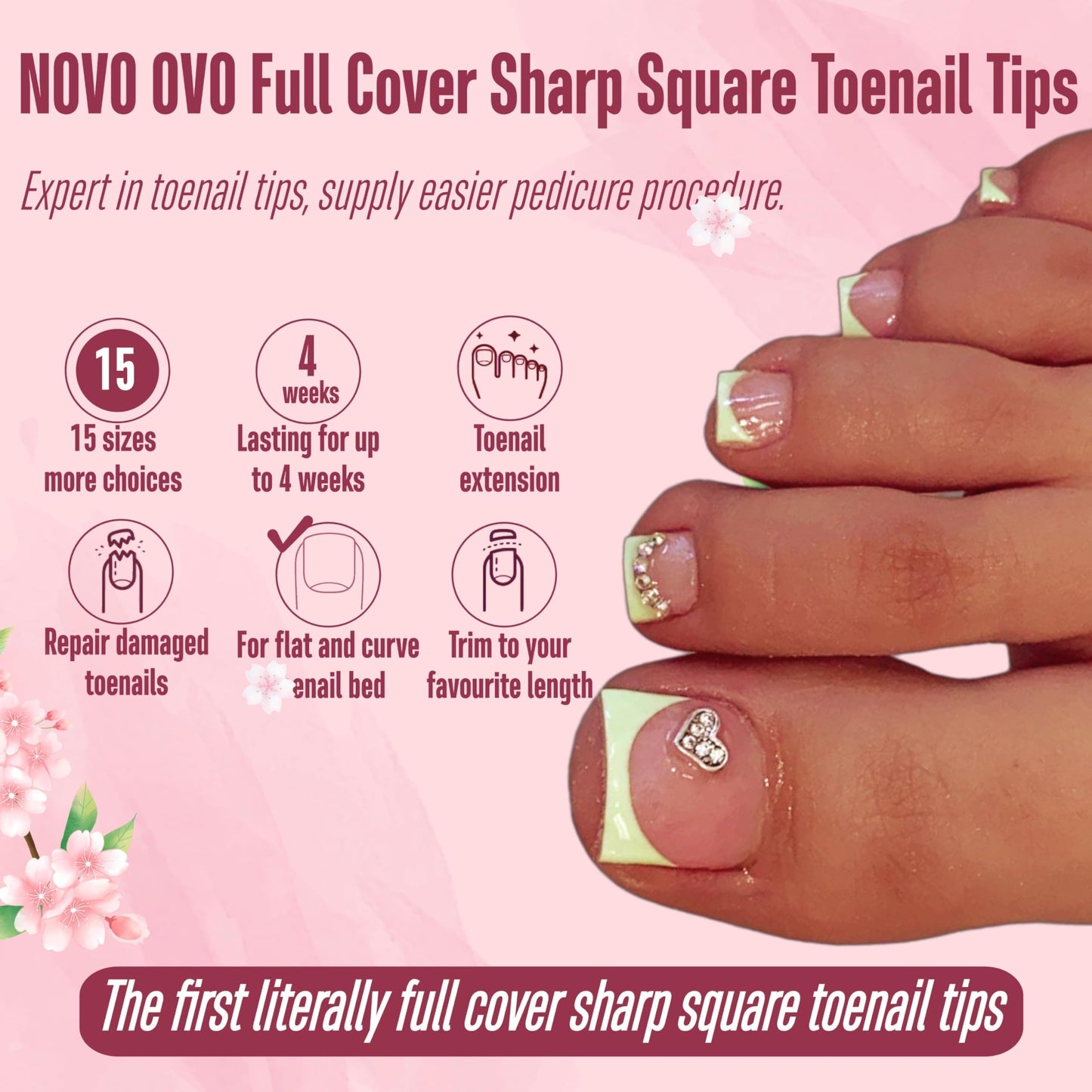 NOVO OVO Sharp Square Toe Nail Tips Press on Full cover, Soft Gel False Toenail Extension Kit, Clear Double Matte Long/Medium Wide Fake Toenails for Salon DIY Acrylic Pedicure x 15 Sizes 360 Pcs
