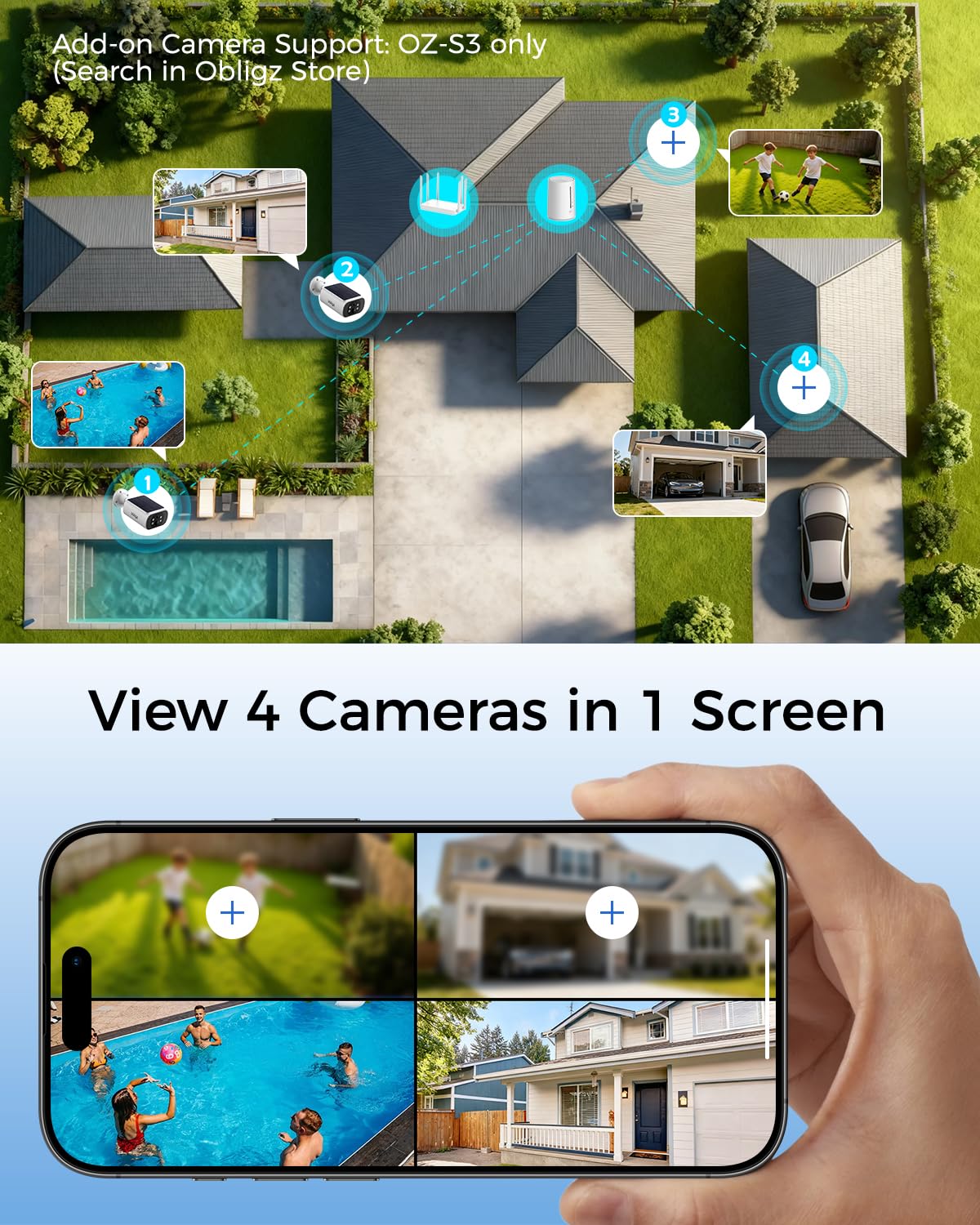 obligz Solar Security Cameras Wireless Outdoor, 4MP Cameras for Home Security Camera System, 64GB Local Storage, No Subscription, Easy Setup, Color Night Vision, 2.4 & 5G WiFi, 2-Cam Kit