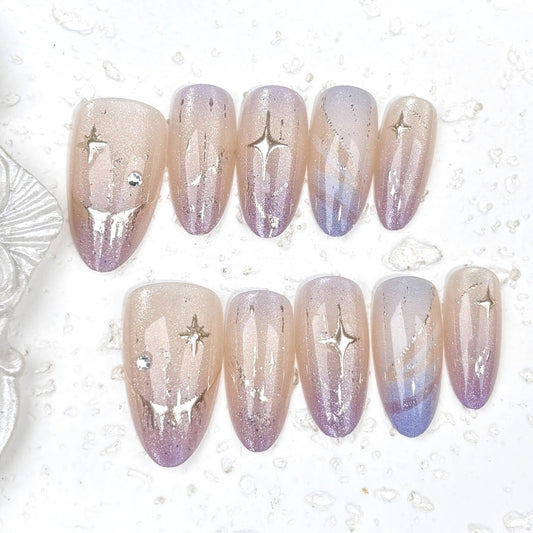 BABALAL Press On Nails, Medium Almond Fake Nails, Purple Blue Ombre With Gold Star, Glitter Finish Full Cover Glue On Nails For Women And Girls 24Pcs