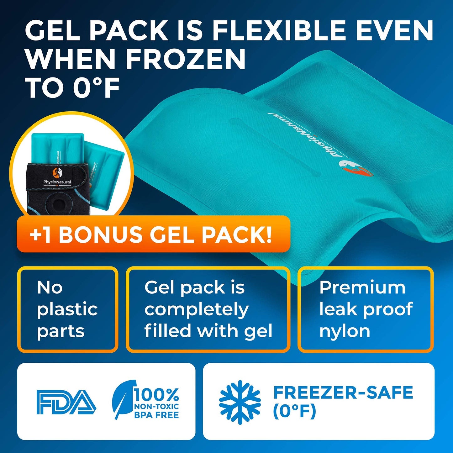PhysioNatural Ice Pack for Knee Pain Relief, Reusable Gel Ice Wrap for Leg Injuries, Swelling, Knee Replacement Surgery, Cold Compress Therapy for Arthritis, Meniscus Tear and ACL