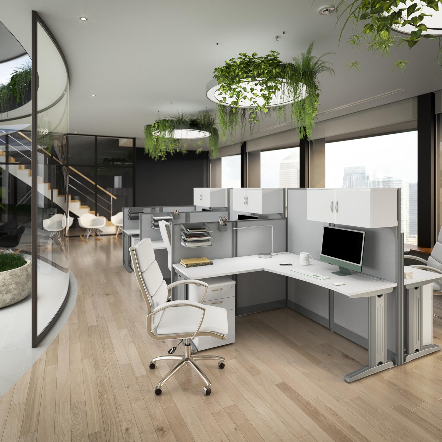 Bush Business Furniture Office in an Hour 4 Person L Shaped Cubicle Desks with Storage, Drawers, and Organizers in Pure White